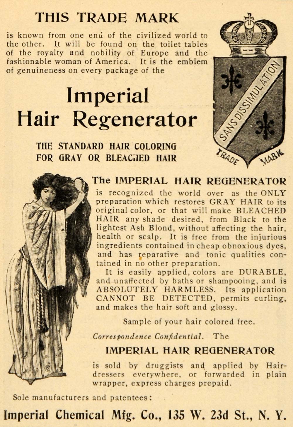 1903 Vintage Ad Imperial Hair Scalp Regenerator Coloring Dye Tonic OD1
