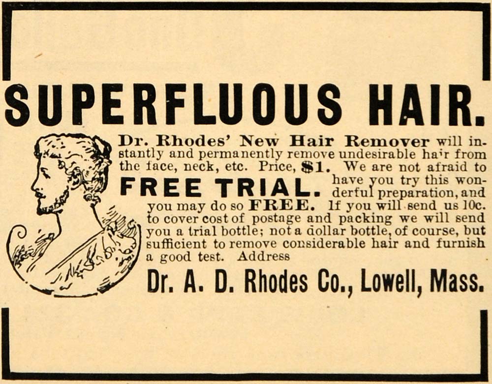 1901 Vintage Ad Dr. A. D. Rhodes Instant Face Neck Hair Removal Lowell MA OD1