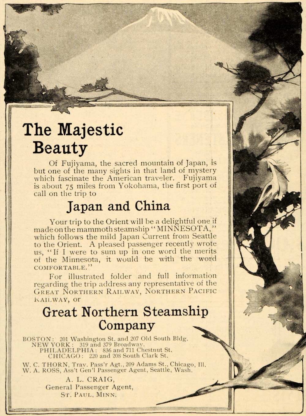 1907 Ad Great Northern Steamship RR Orient Mount Fuji Japan Mountain A.L OD1