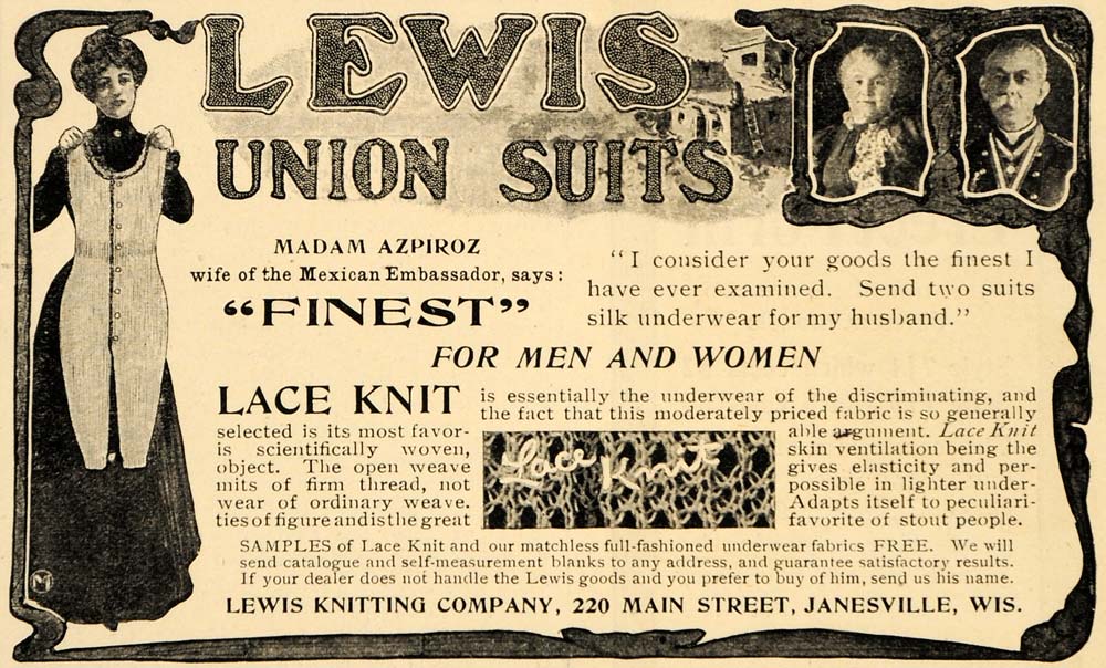1902 Ad Lewis Union Suit Knit Underwear 220 Main St Janesville WI Madam OD1