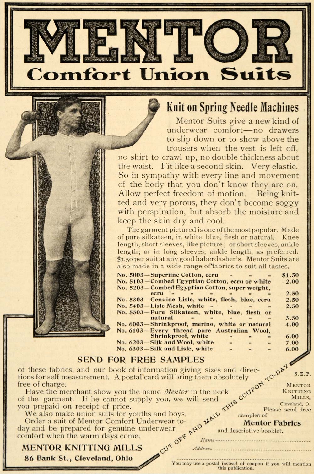 1908 Ad Mentor Union Suit Man Knitting Mills 86 Bank St Cleveland Ohio OD1