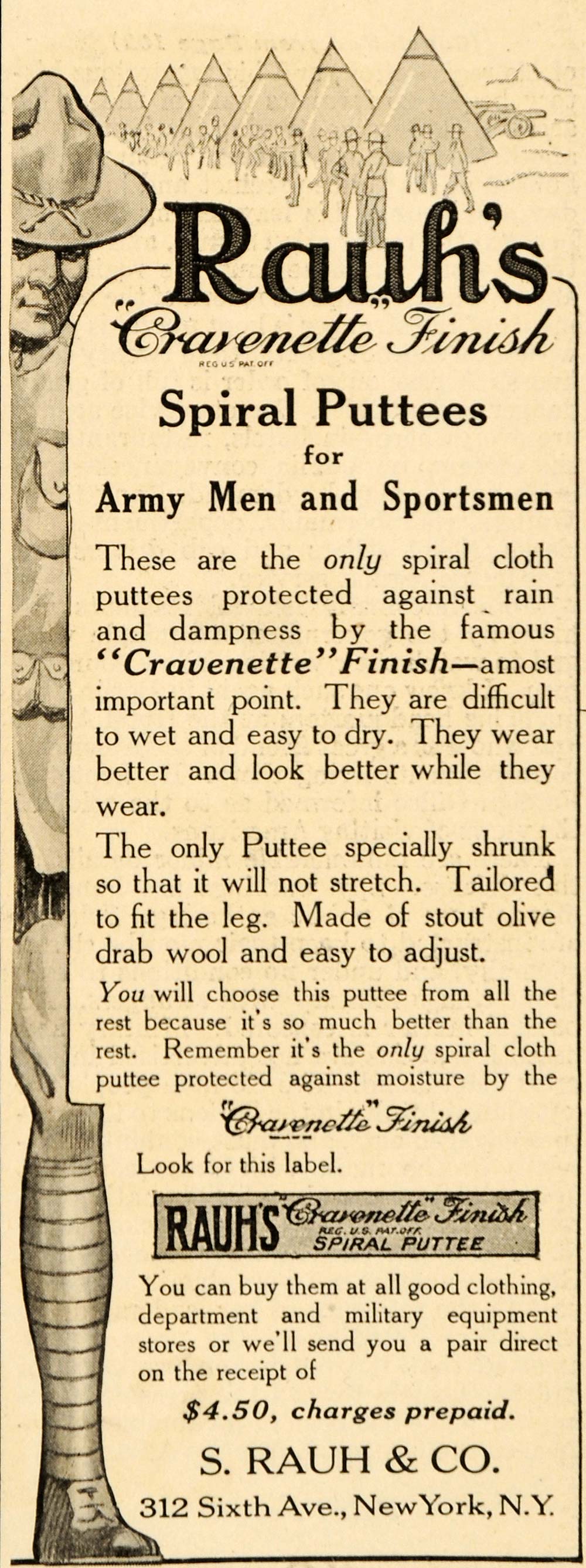 1917 Vintage Ad Spiral Puttees WWI Army Soldier S. Rauh Cravenette Finish NY OD1
