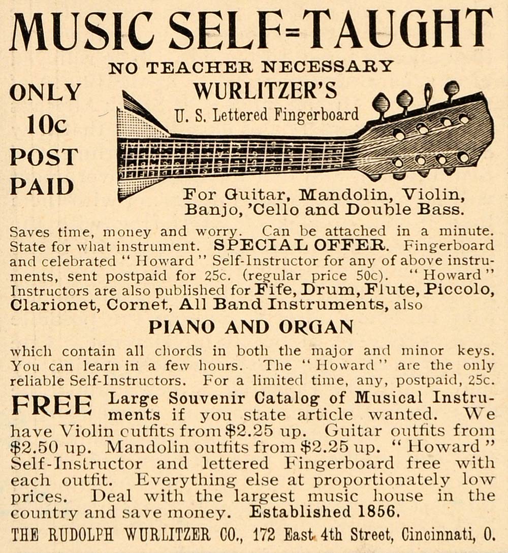 1904 Ad Rudolph Wurlitzer Self-Taught Music Guitar 172 E 4th St Cincinnati OD1