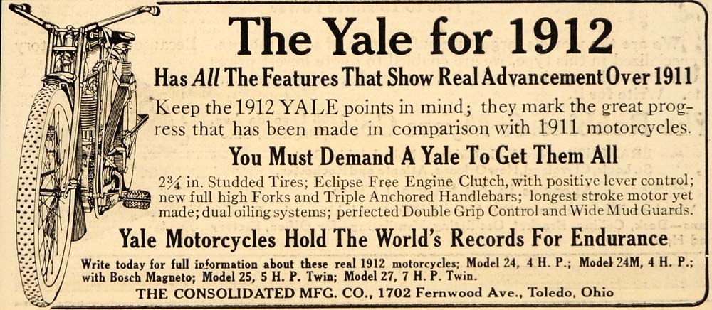 1912 Vintage Ad Yale Motorcycle Toledo Ohio Antique - ORIGINAL ADVERTISING OD1