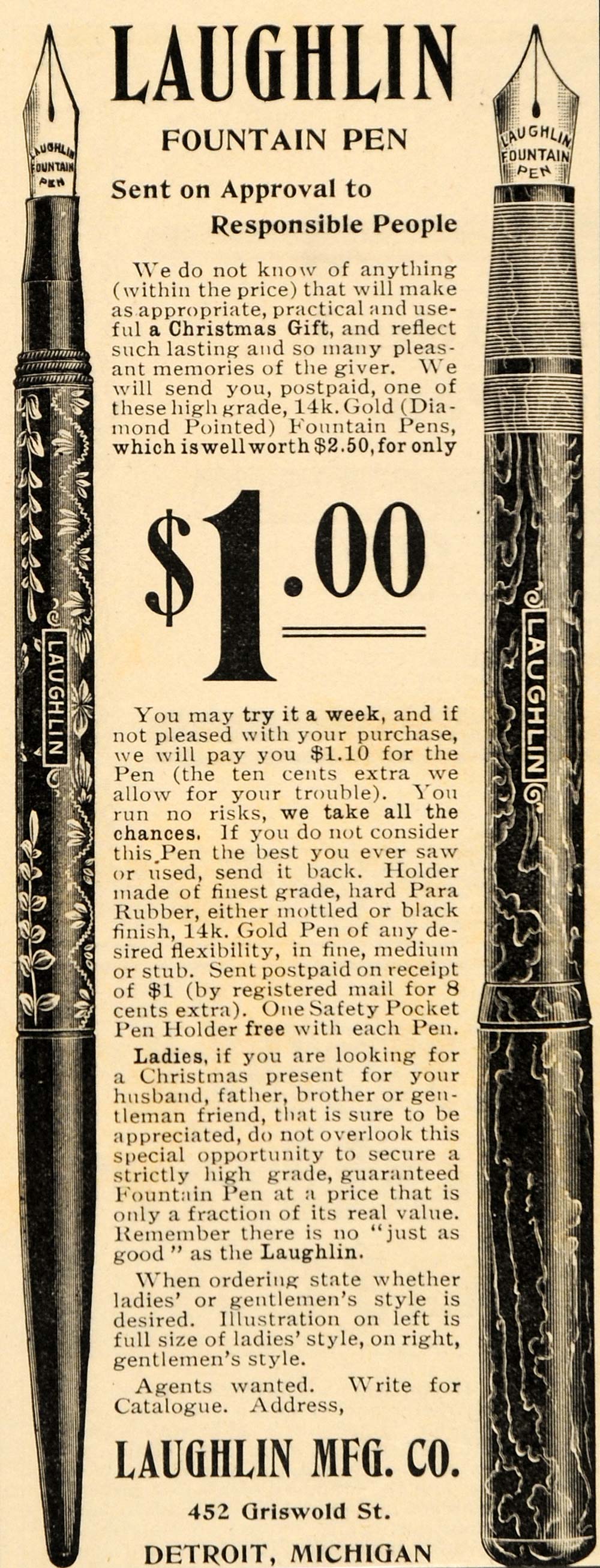 1901 Vintage Ad Laughlin Fountain Pen Detroit Michigan - ORIGINAL OD1