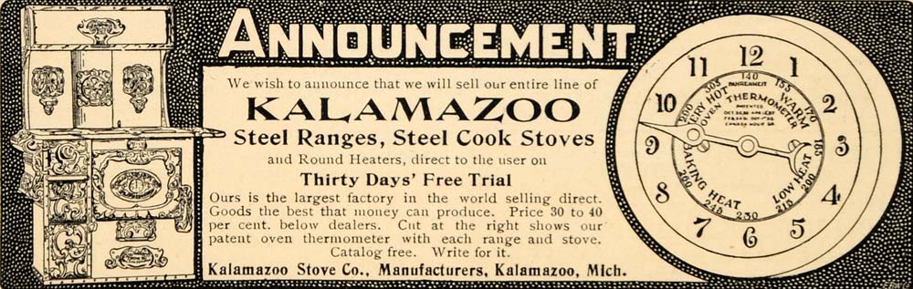 1902 Vintage Ad Kalamazoo Range Cook Stove Thermometer - ORIGINAL OD1