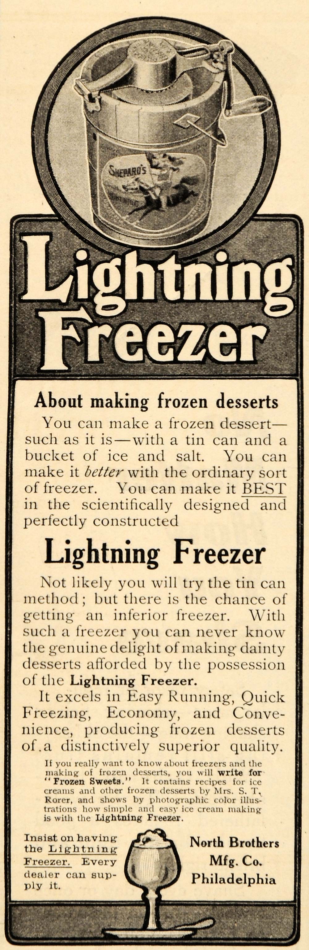 1908 Ad Lightning Crank Freezer Frozen Dessert Machine - ORIGINAL OD1