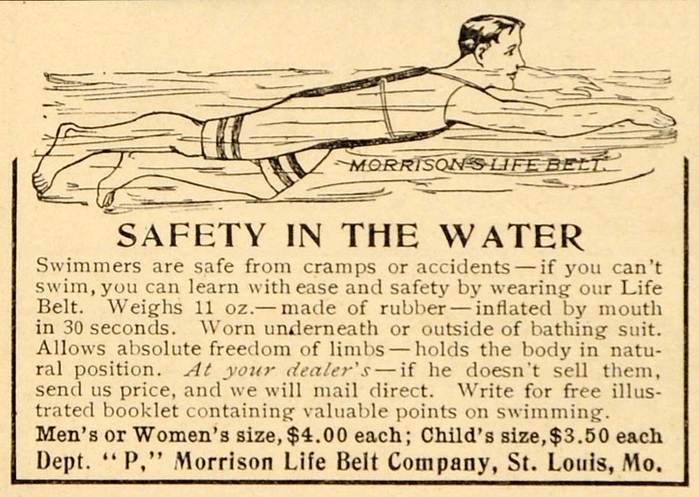 1903 Vintage Ad Morrison Life Belt Water Safety Swimmer - ORIGINAL OD1