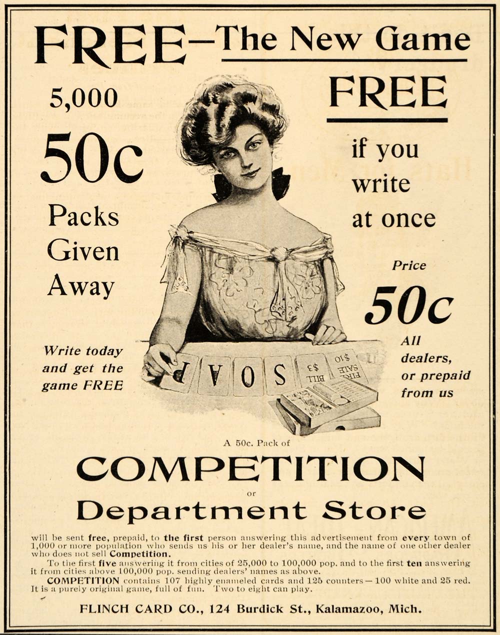 1904 Vintage Ad Competition Card Game Player Kalamazoo - ORIGINAL OD1