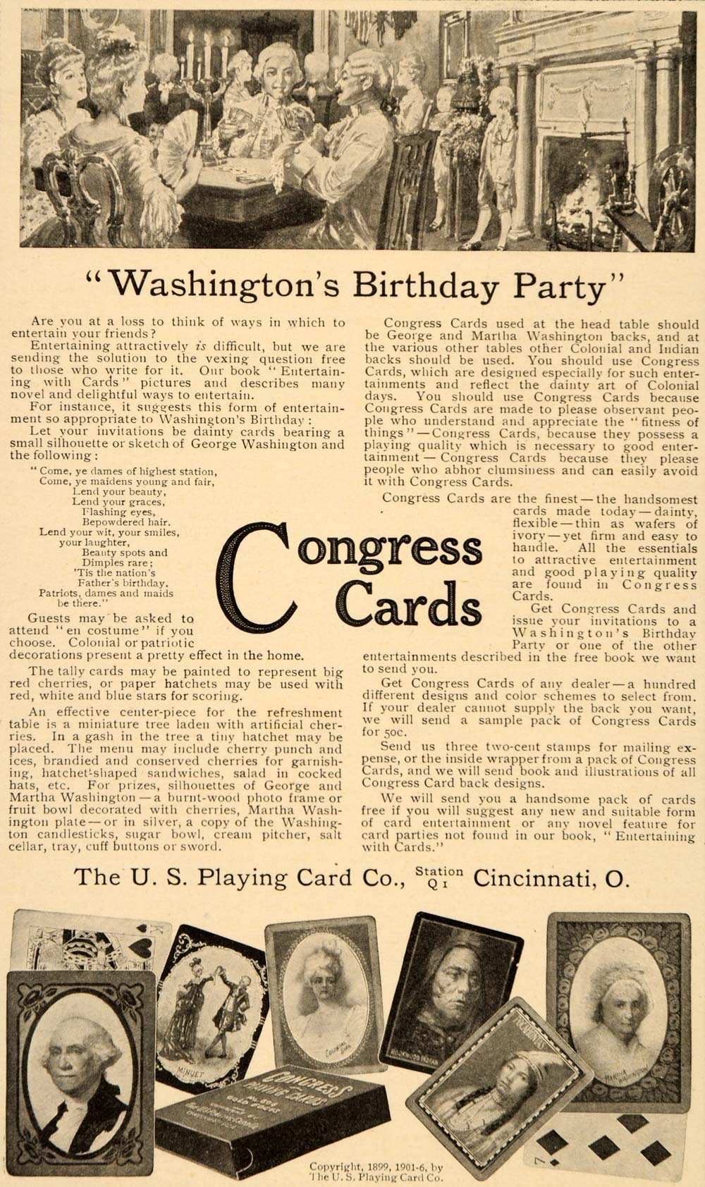 1907 Ad Washington Birthday Party Congress Playing Card - ORIGINAL OD1