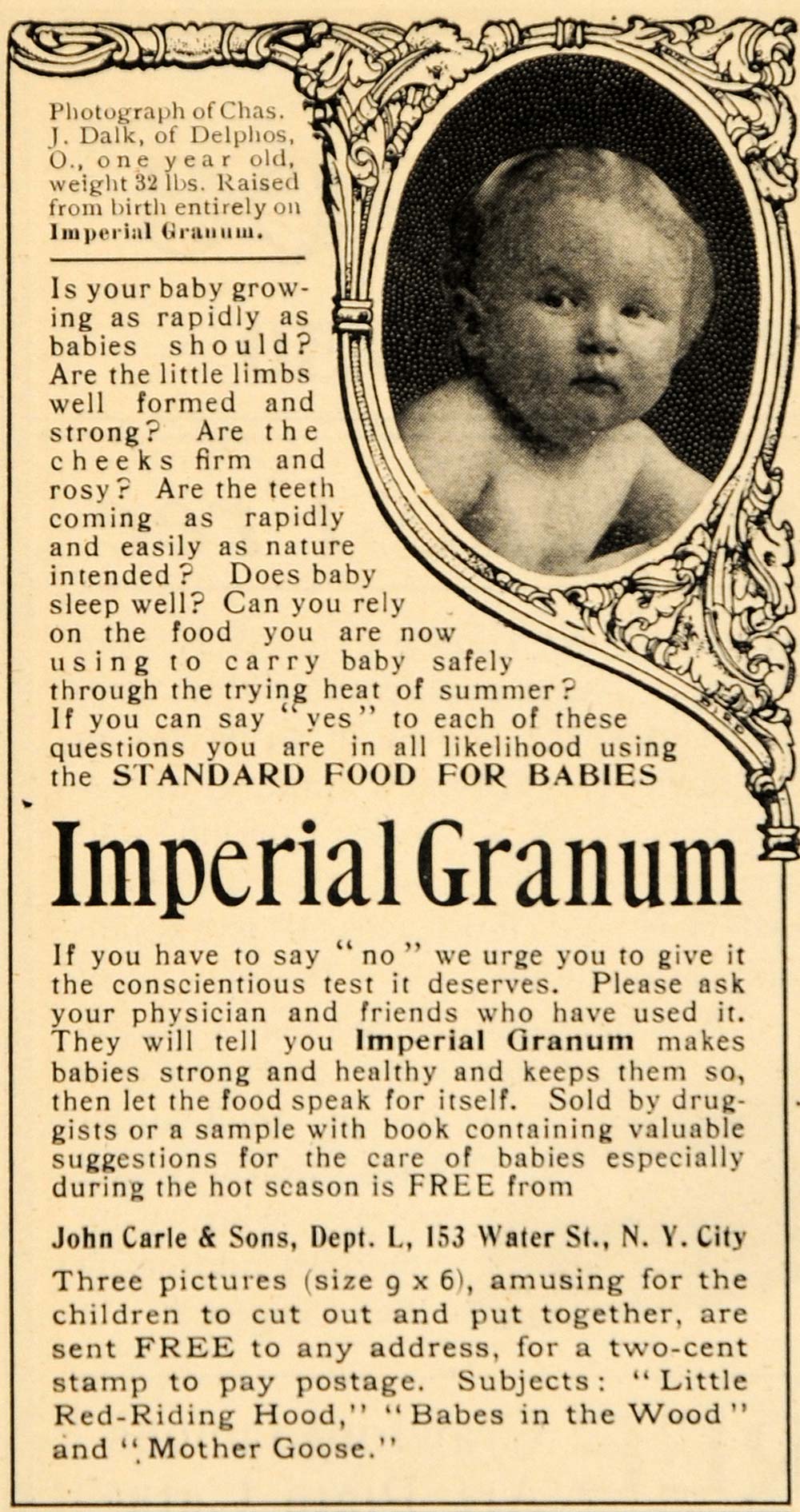 1902 Ad Emperial Granum Baby Food John Carle Sons NYC - ORIGINAL ADVERTISING OD1