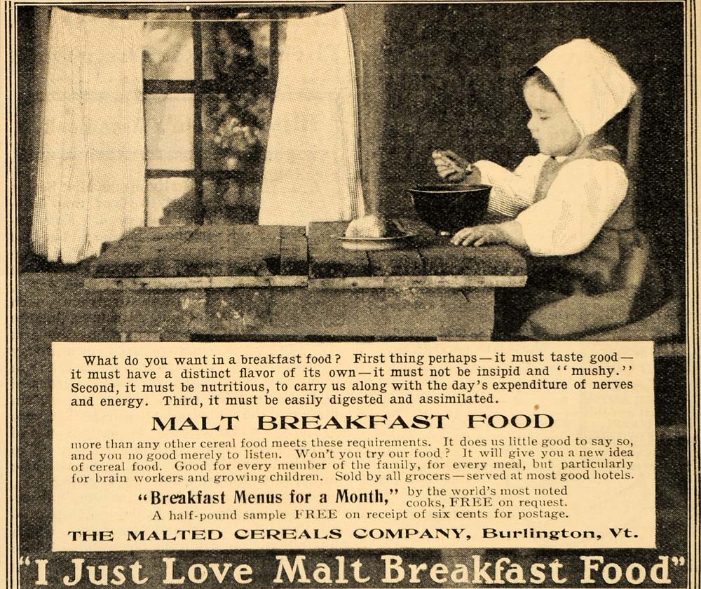 1902 Ad Malt Breakfast Food Cereals Burlington Vermont - ORIGINAL OD1