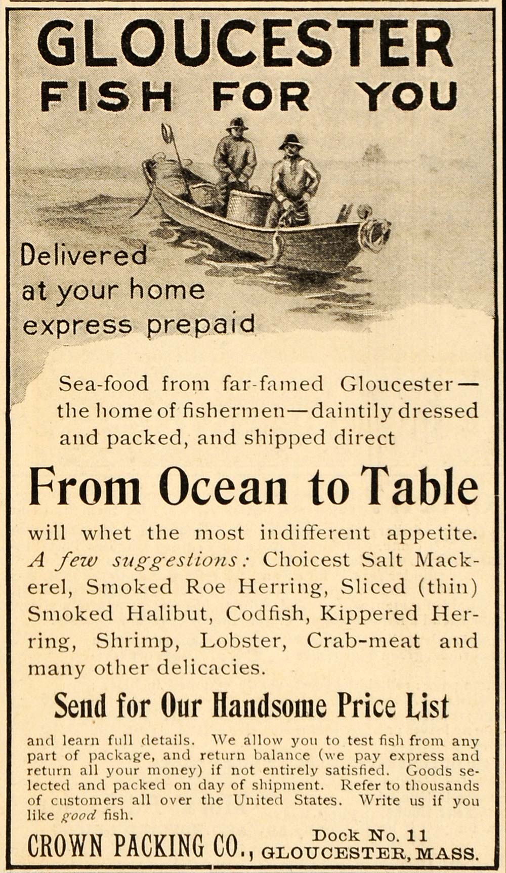 1904 Ad Gloucester Fish Seafood Ocean Crown Packing - ORIGINAL ADVERTISING OD1