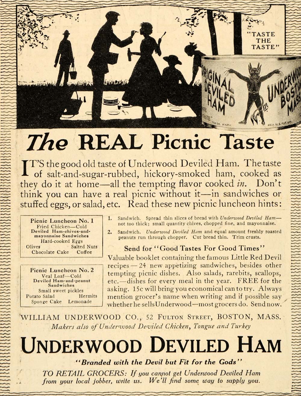 1915 Ad Picnic William Underwood Company Deviled Ham - ORIGINAL ADVERTISING OD1