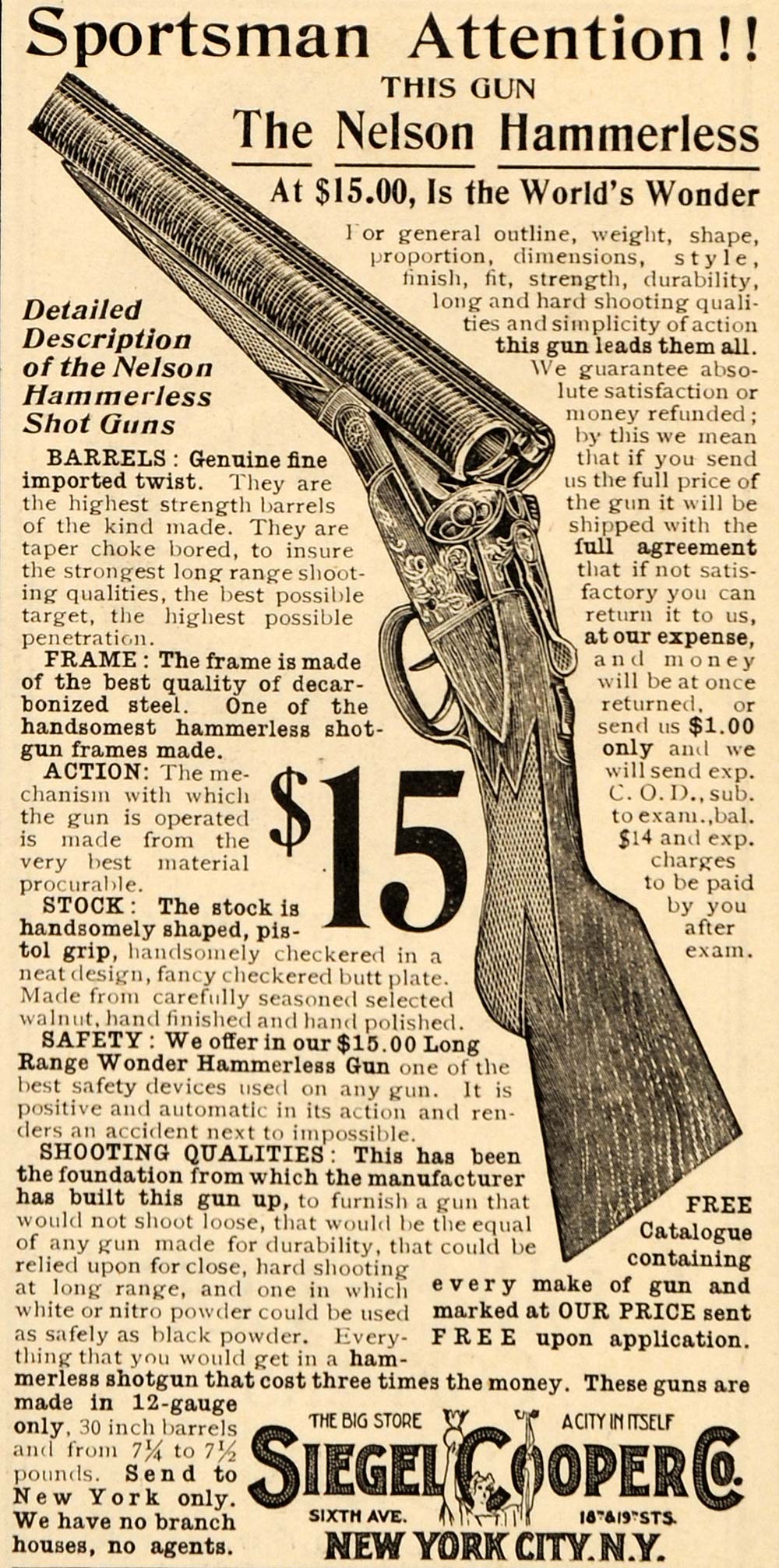 1904 Ad Nelson Hammerless Shotgun Siegel Cooper Pistol - ORIGINAL OD1