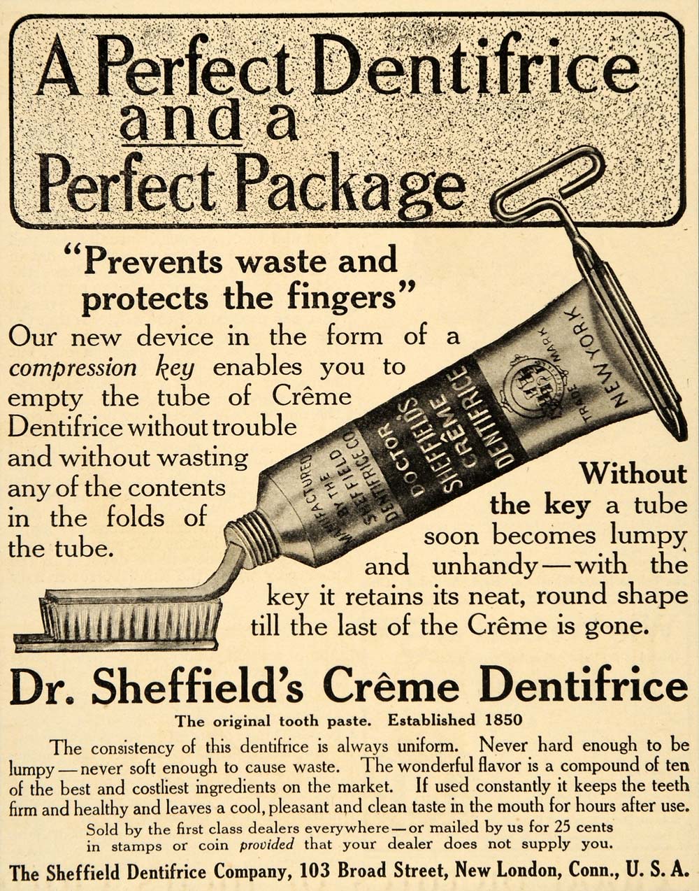 1909 Ad Creme Dentifrice Dr Sheffields Toothpaste Key - ORIGINAL ADVERTISING OD1
