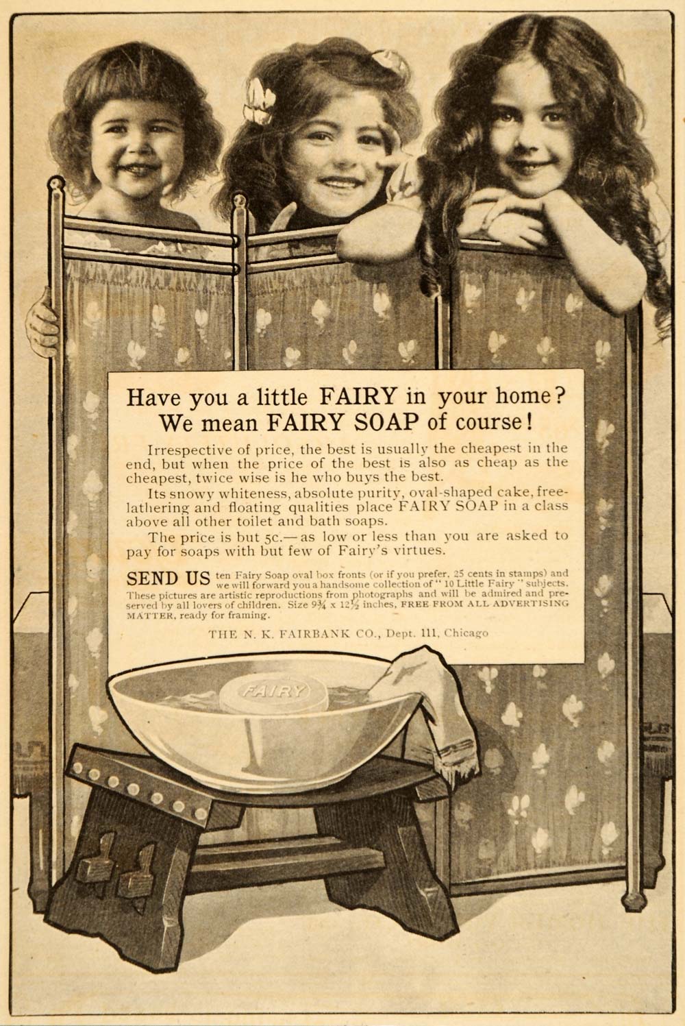 1904 Ad Antique Fairy Bath Soap N K Fairbank Girls - ORIGINAL ADVERTISING OD1
