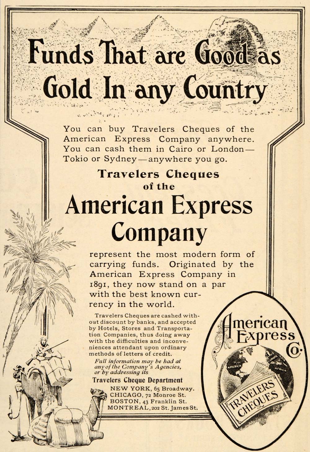 1907 Ad American Express Travelers Cheques Egypt Cairo - ORIGINAL OD1