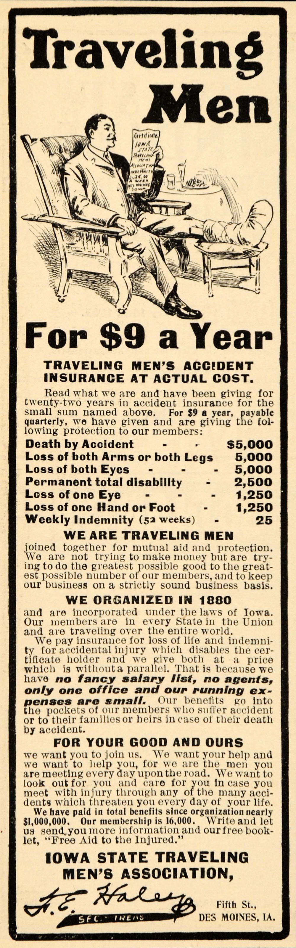 1903 Ad Traveling Mens Accident Insurance Iowa State - ORIGINAL ADVERTISING OD1