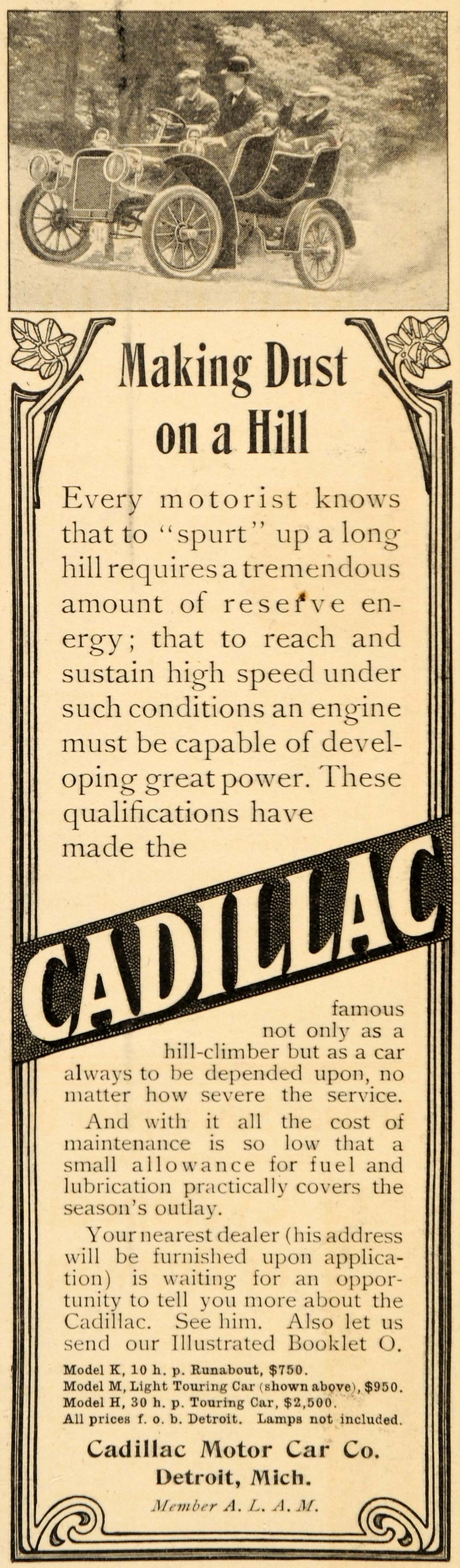 1906 Ad Model K M H Cadillac Runabout Car Automobile - ORIGINAL ADVERTISING OD1