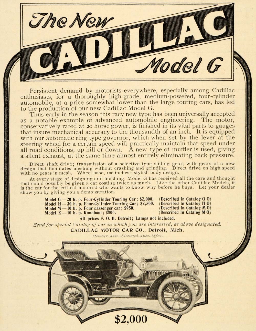 1907 Ad Model G H M Cadillac Motor Car 20 Horse Power - ORIGINAL ADVERTISING OD1