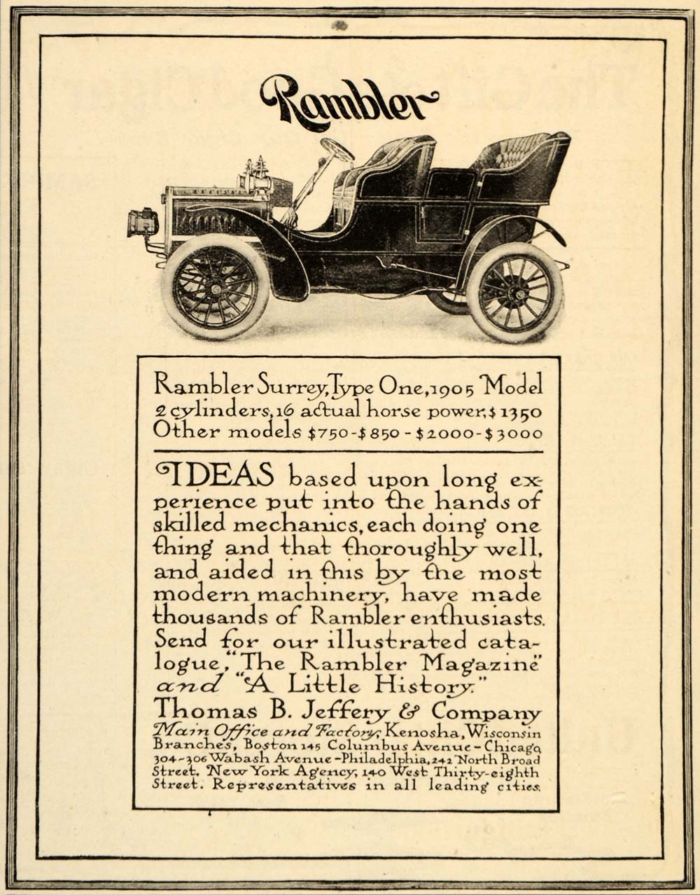1904 Ad Surrey Rambler Model 2 Cylinder 16 Horse Power - ORIGINAL OD1