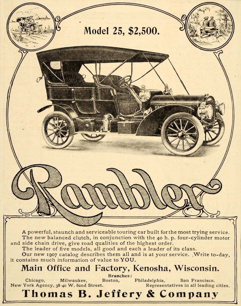 1907 Ad Rambler Thomas Jeffery Model 25 Chain Drive - ORIGINAL ADVERTISING OD1