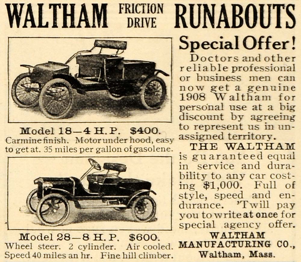 1908 Ad Friction Drive Runabout Waltham Model 18 28 - ORIGINAL ADVERTISING OD1