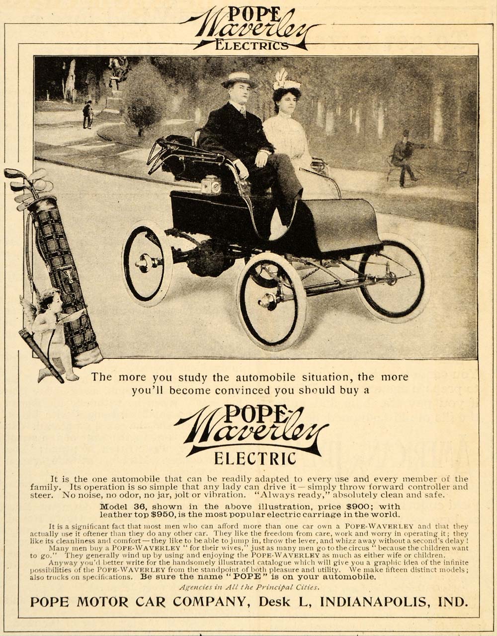1905 Ad Model 36 Pope Waverley Electric Motor Carriage - ORIGINAL OD1