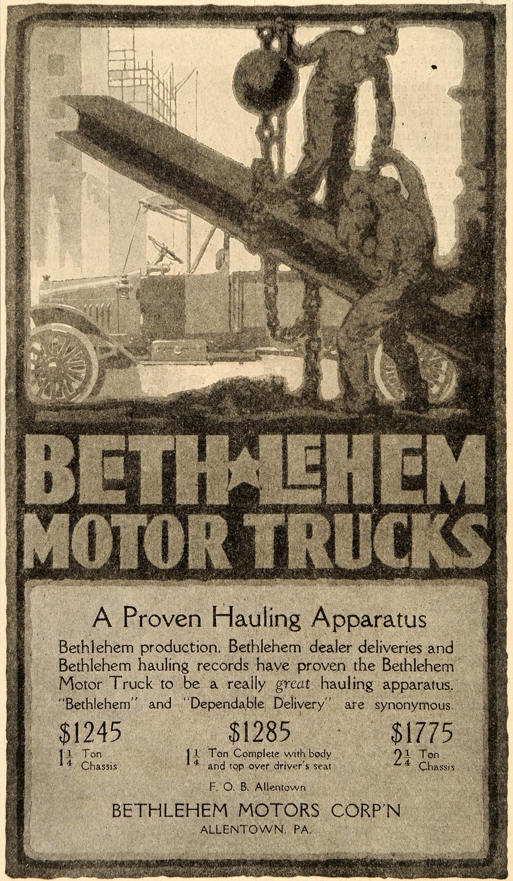 1917 Ad Bethlehem Motor Trucks Hauling Apparatus - ORIGINAL ADVERTISING OD1