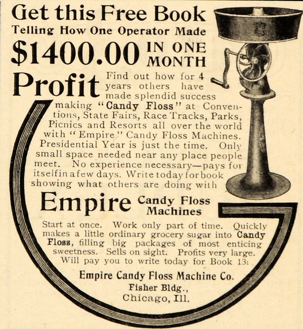 1908 Ad Empire Candy Floss Machine Company Sweets Fairs - ORIGINAL OD1