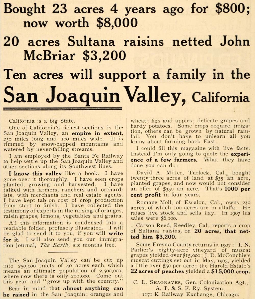 1909 Ad San Joaquin Valley California Seagraves Acres ORIGINAL ADVER