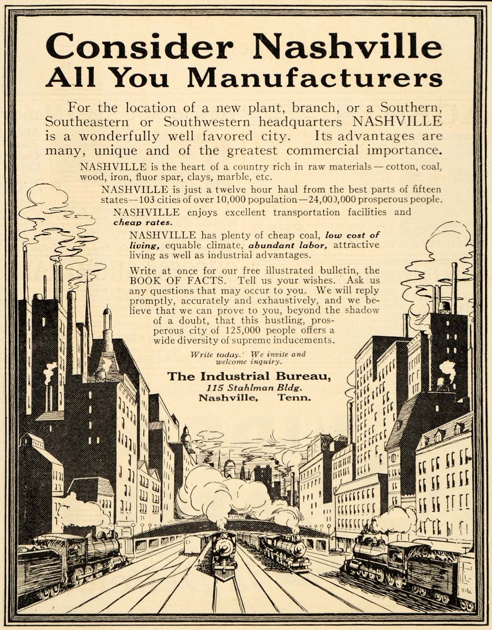 1912 Ad Nashville Industrial Bureau Manufacturers Labor - ORIGINAL OD1