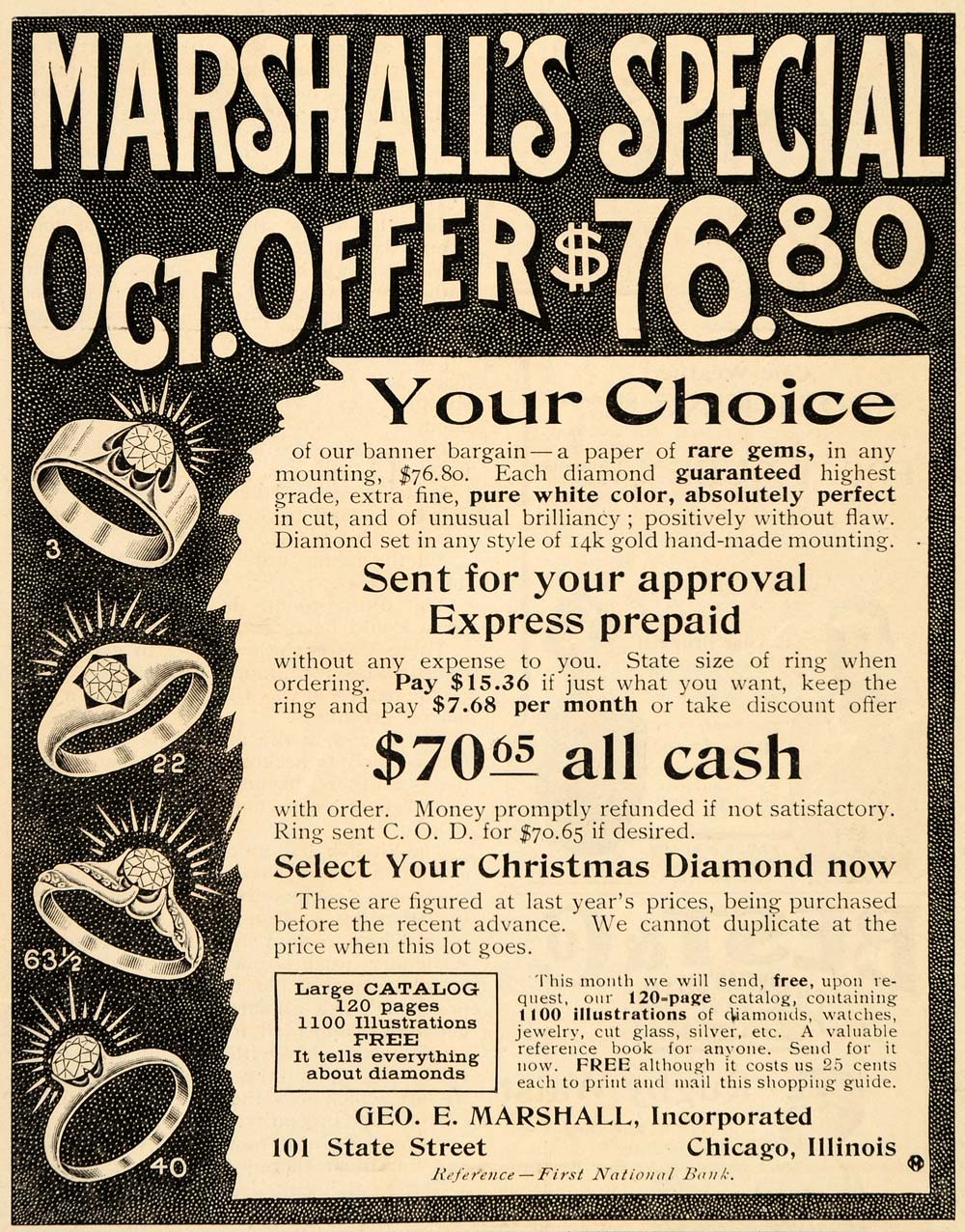 1903 Ad Marshalls Jewelry Rings Christmas Diamond - ORIGINAL ADVERTISING OD1