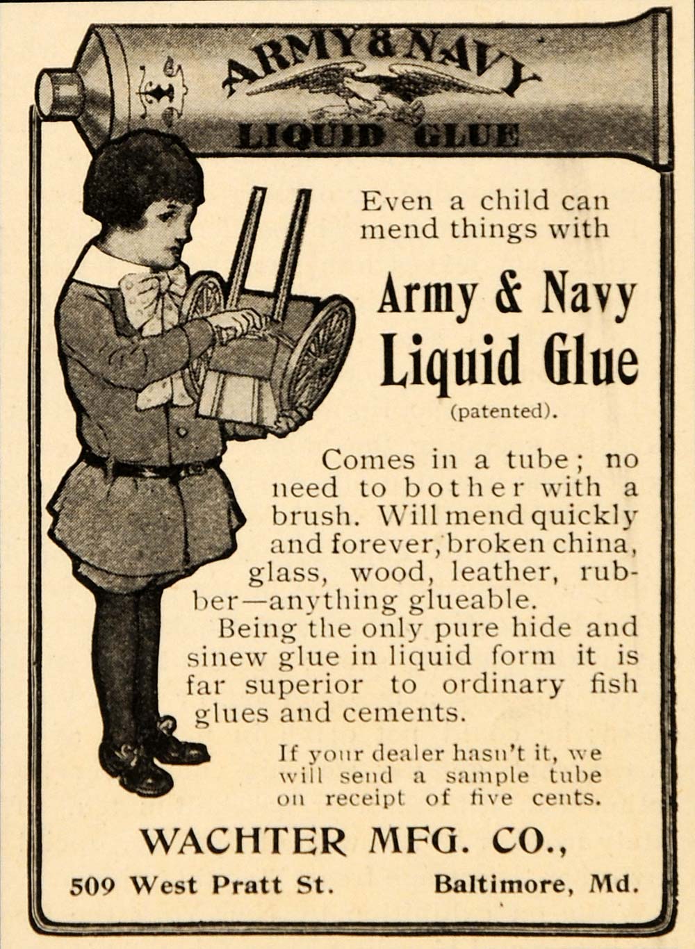 1904 Ad Army Navy Liquid Glue Wachter Manufacturing - ORIGINAL ADVERTISING OD1