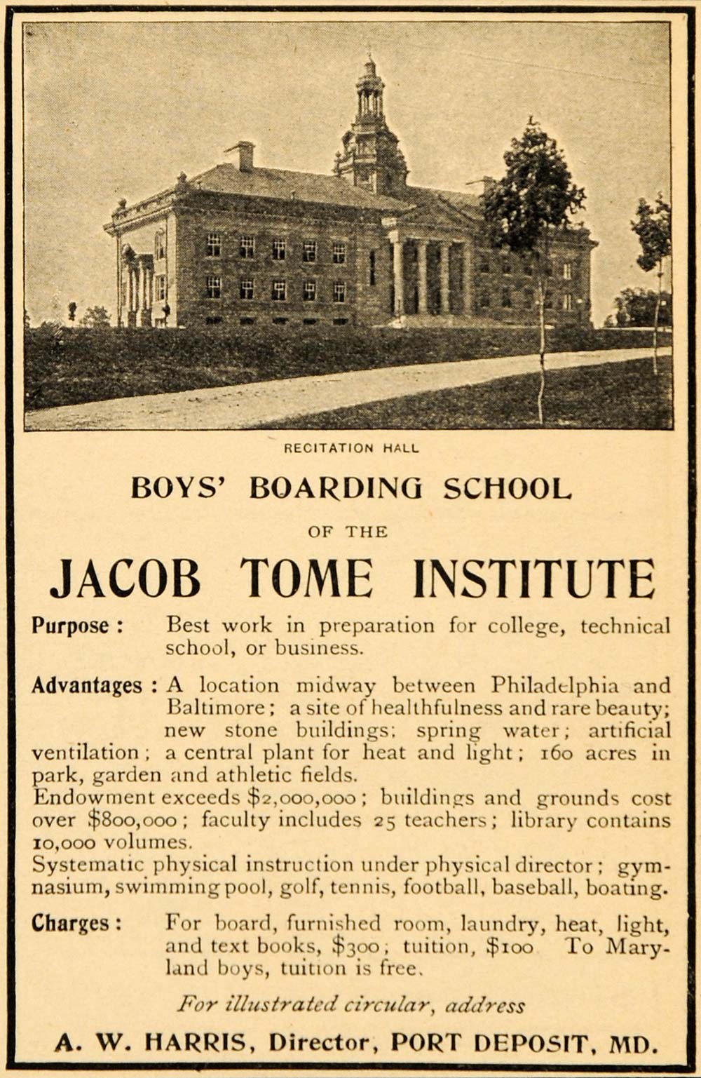 1902 Ad Jacob Tome Institute Boys Boarding School Harris Port Deposit OD1