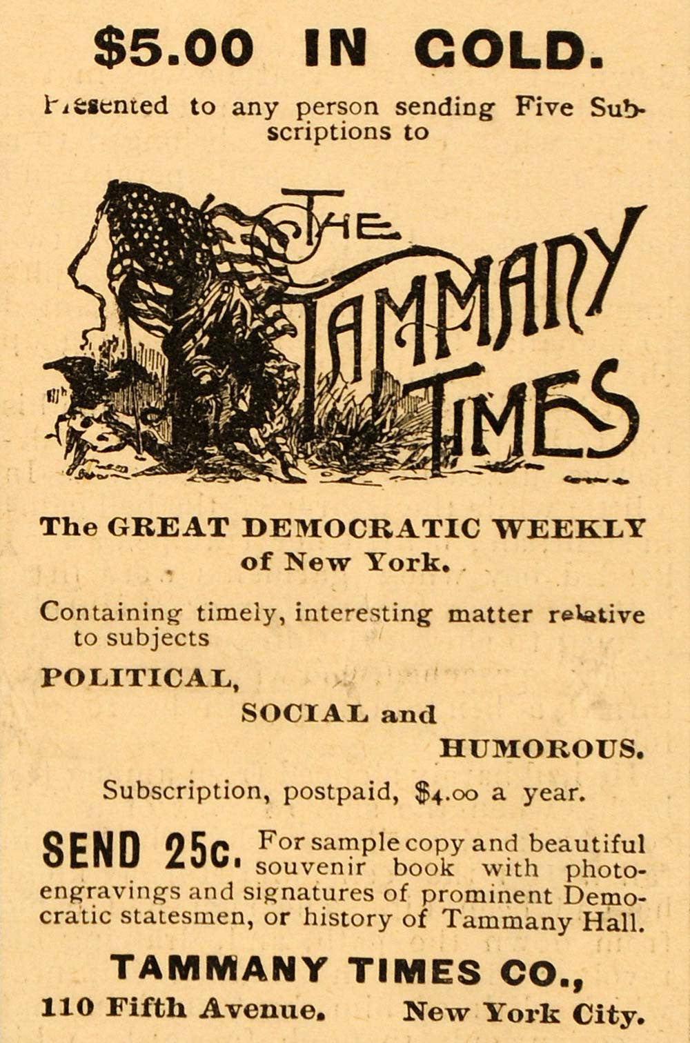 1896 Ad Tammany Times Society Democratic Gold Politics - ORIGINAL OD2 - Period Paper
