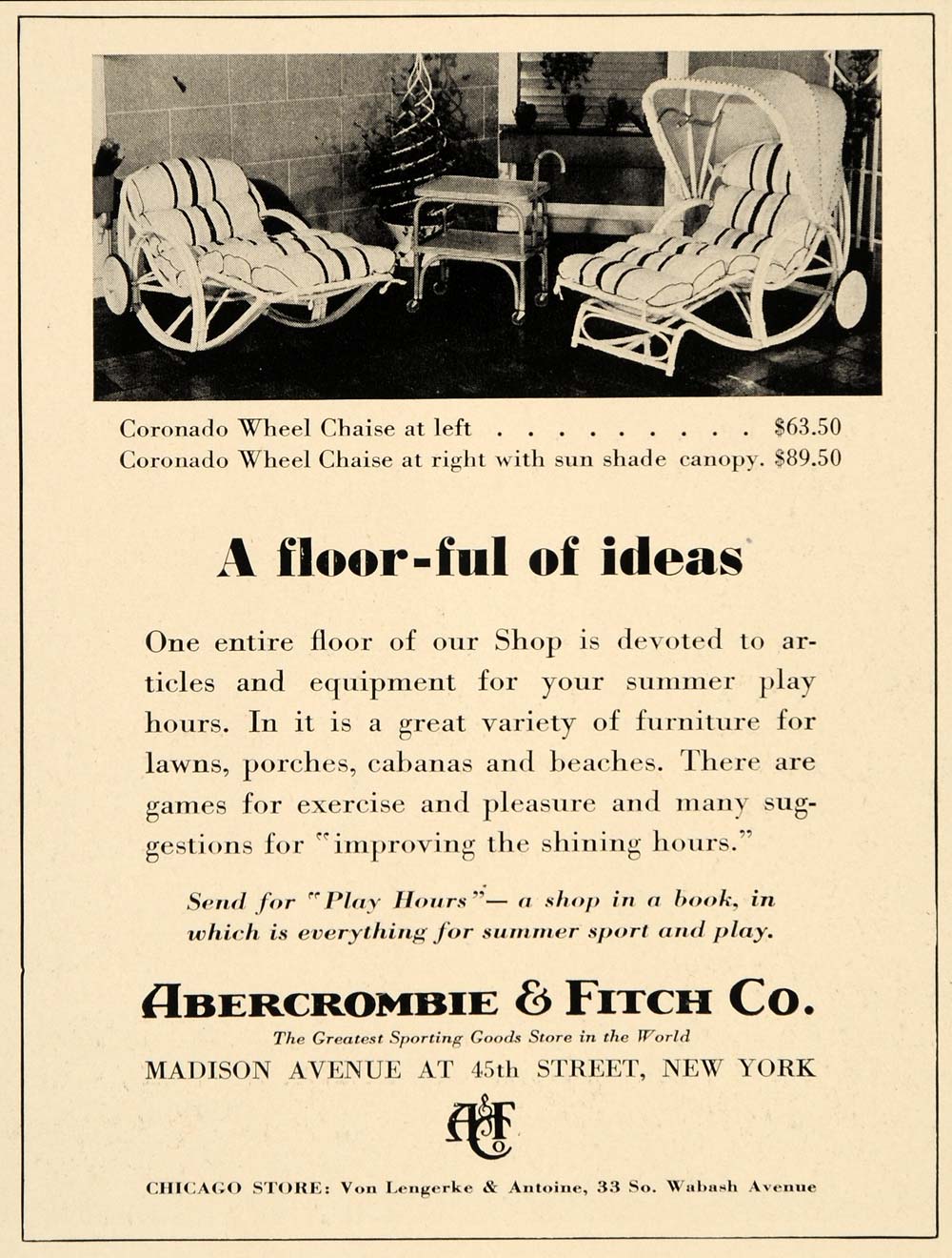 1937 Ad Abercrombie Fitch Chaise Lawn Furniture Lounge - ORIGINAL OD2