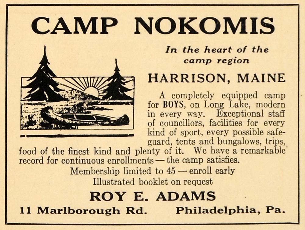 1922 Ad Camp Nokomis Harrison Maine Boys Summer Canoe - ORIGINAL ADVERTISING OD2