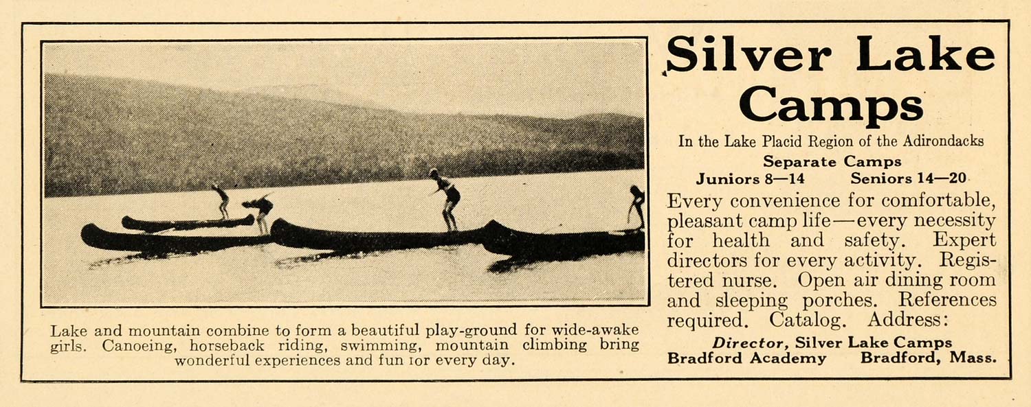 1922 Ad Silver Lake Camps Lake Placid Adirondacks Canoe - ORIGINAL OD2