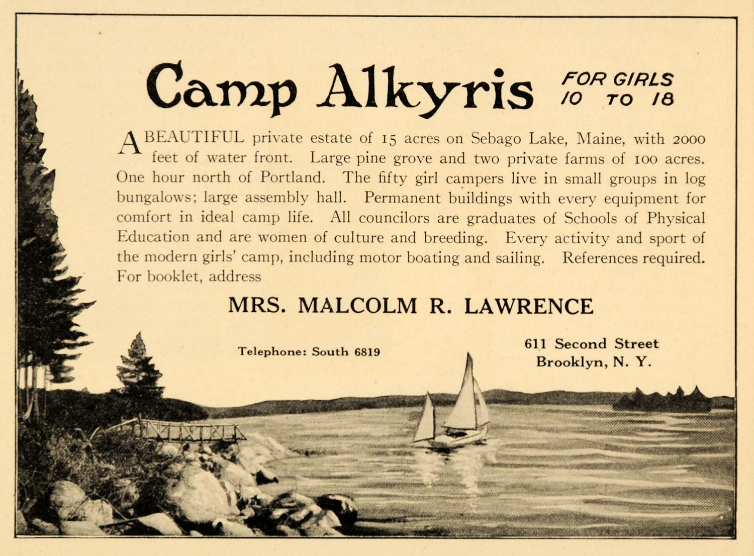 1922 Ad Camp Alkyris Sebago Lake Maine Girls Sailboat - ORIGINAL ADVERTISING OD2