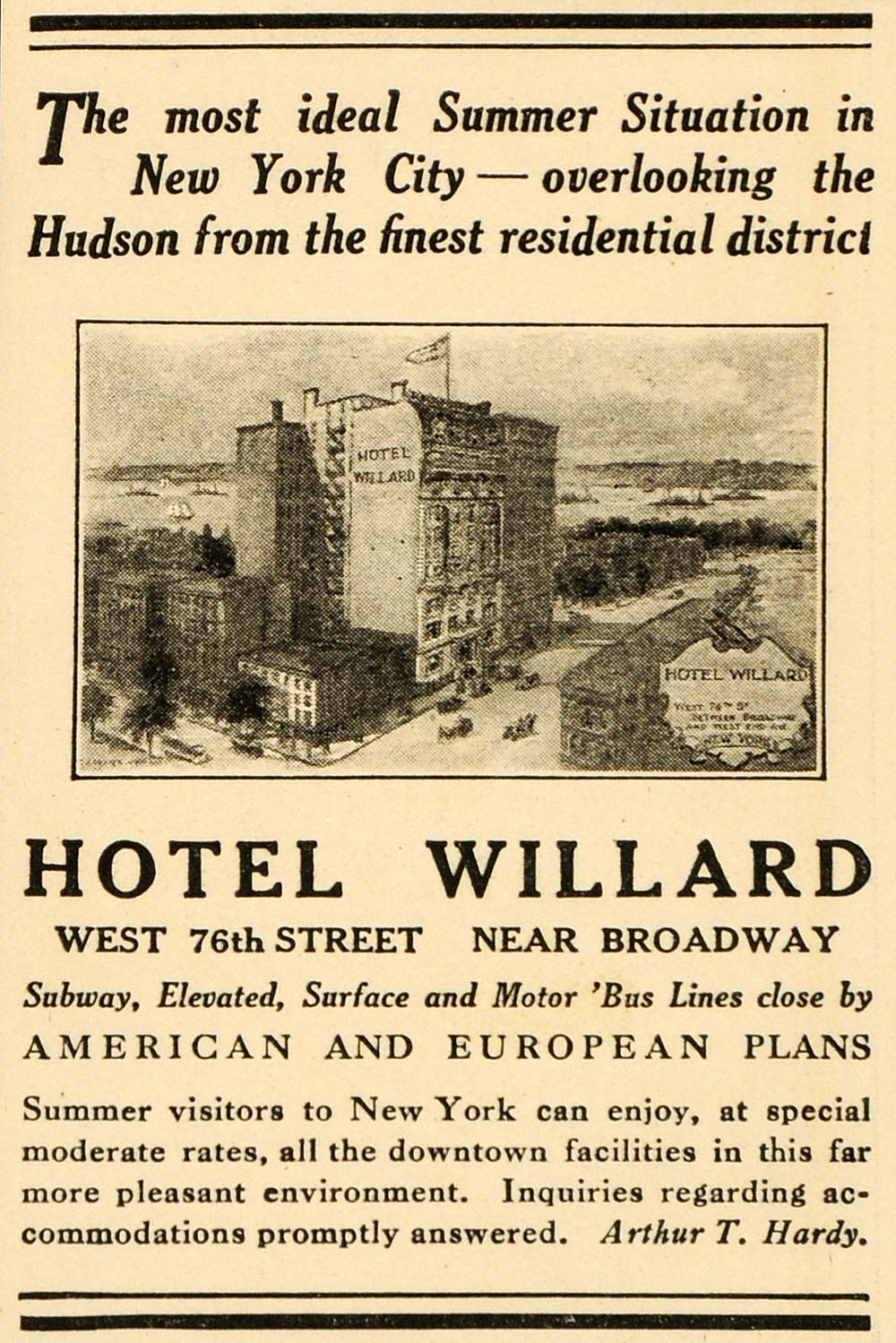 1909 Ad Hotel Willard 76 St New York City Arthur Hardy - ORIGINAL OD2