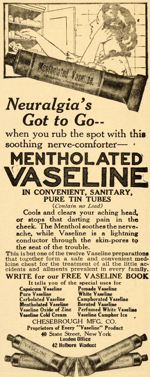 1910 Ad Mentolated Vaseline Pure Tin Tubes Chesebrough - ORIGINAL OD2 ...