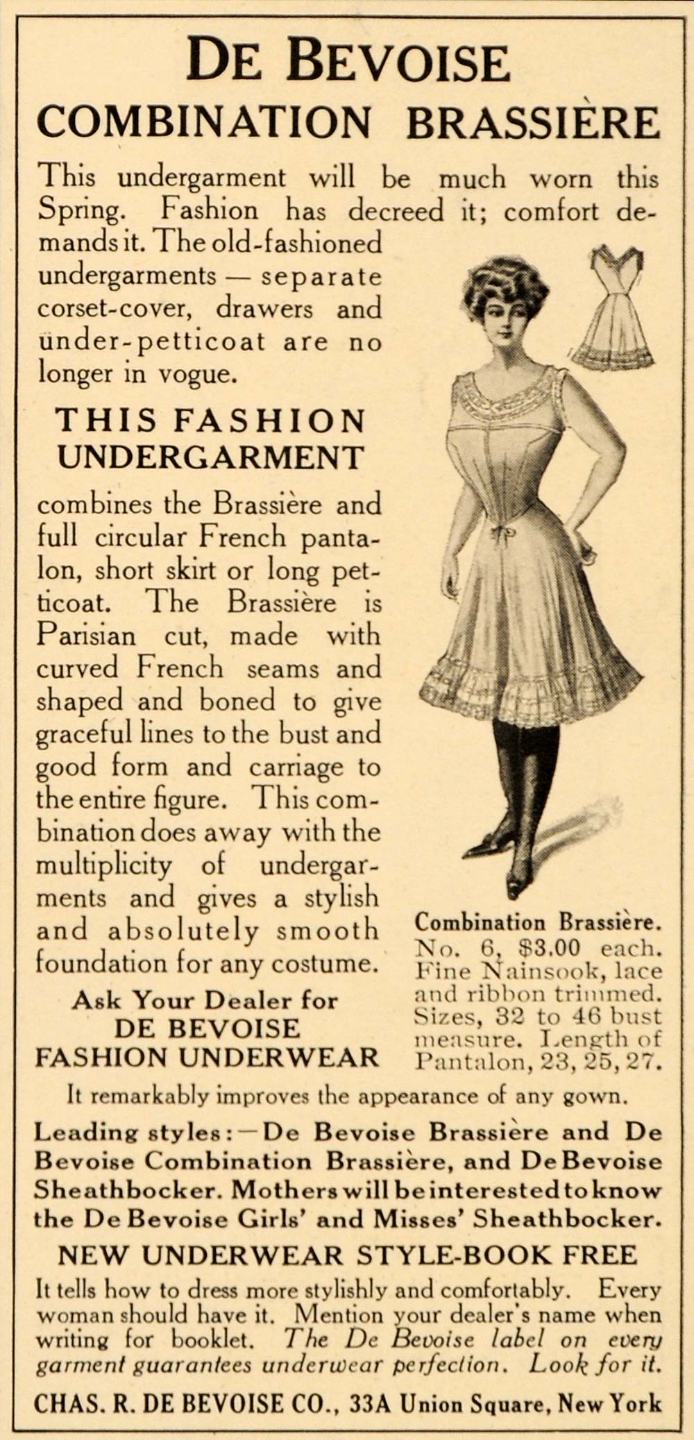 1909 Ad De Bevoise Brassiere Pantaloon Chas DeBevoise - ORIGINAL ADVERTISING OD3