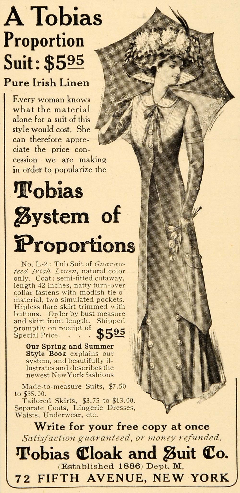 1909 Ad Tobias System Proportion Cloak Suit Irish Linen - ORIGINAL OD3