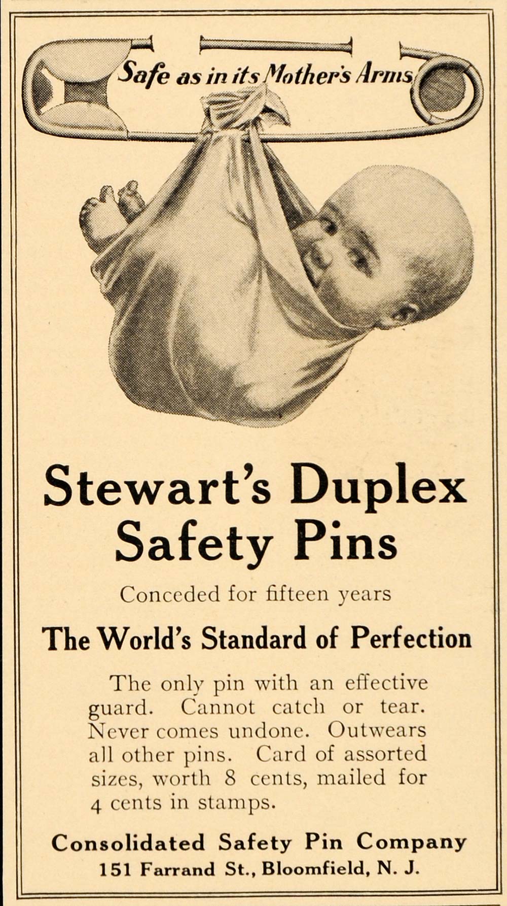 1909 Ad Stewarts Duplex Safety Pin Bloomfield Farrand - ORIGINAL ADVERTISING OD3