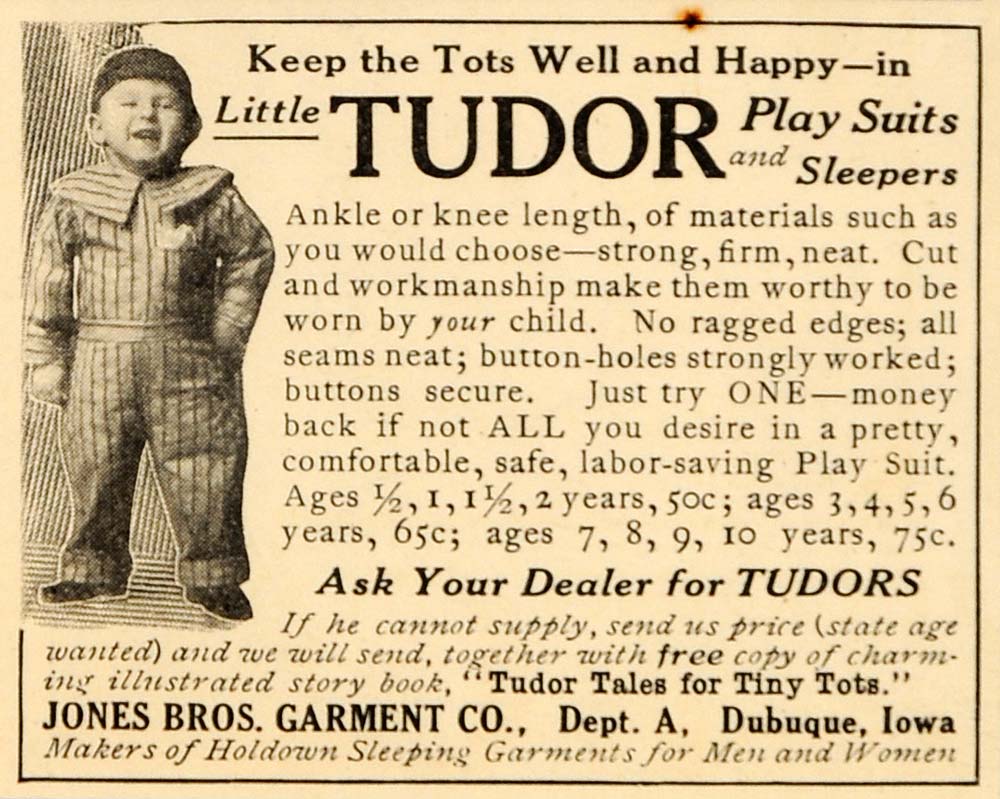 1910 Ad Tudor Play Suits Sleepers Jones Brother Garment - ORIGINAL OD3