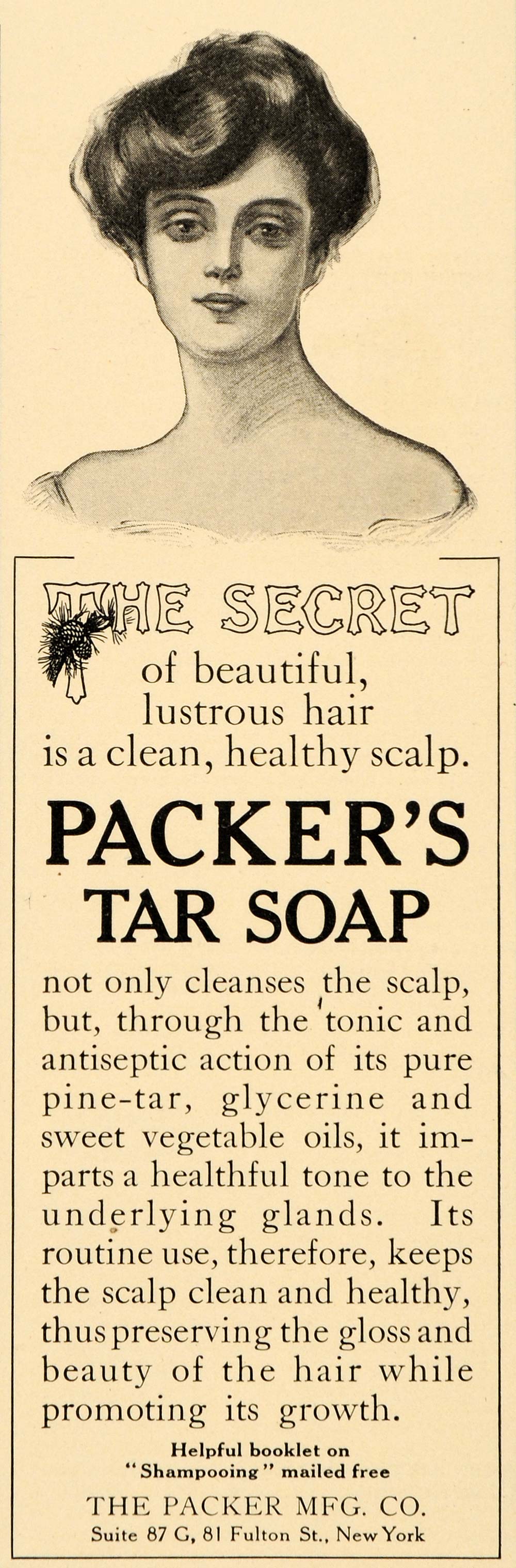 1909 Ad Packers Pine Tar Soap Secret Clean Hair Growth - ORIGINAL OD3