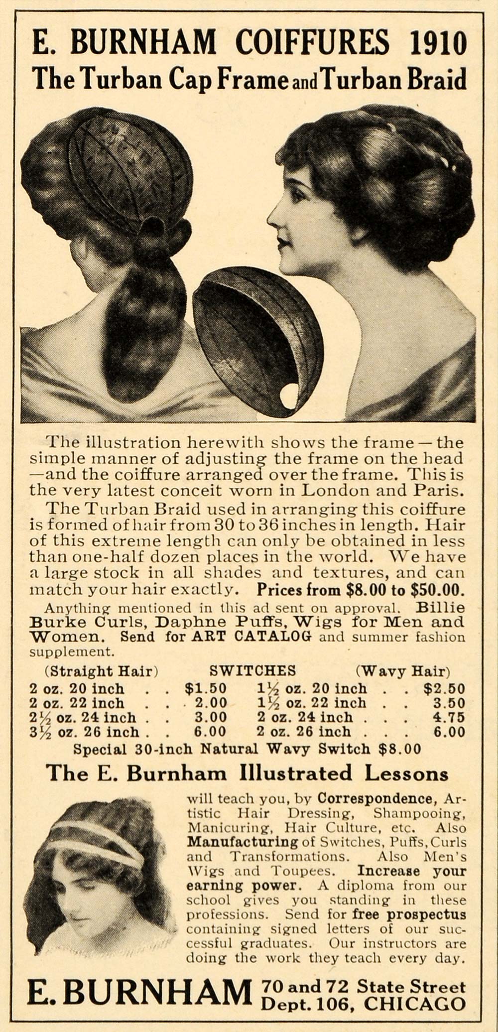 1910 Ad Burnham Coiffures Turban Cap Frame Braid Wigs - ORIGINAL ADVERTISING OD3