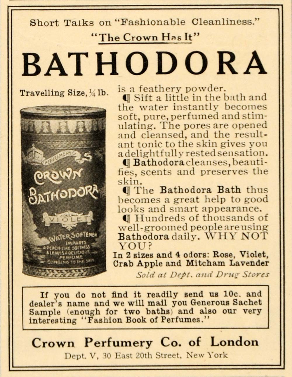 1910 Ad Bathodora Crown Perfumery London Soap Powder - ORIGINAL ADVERTISING OD3